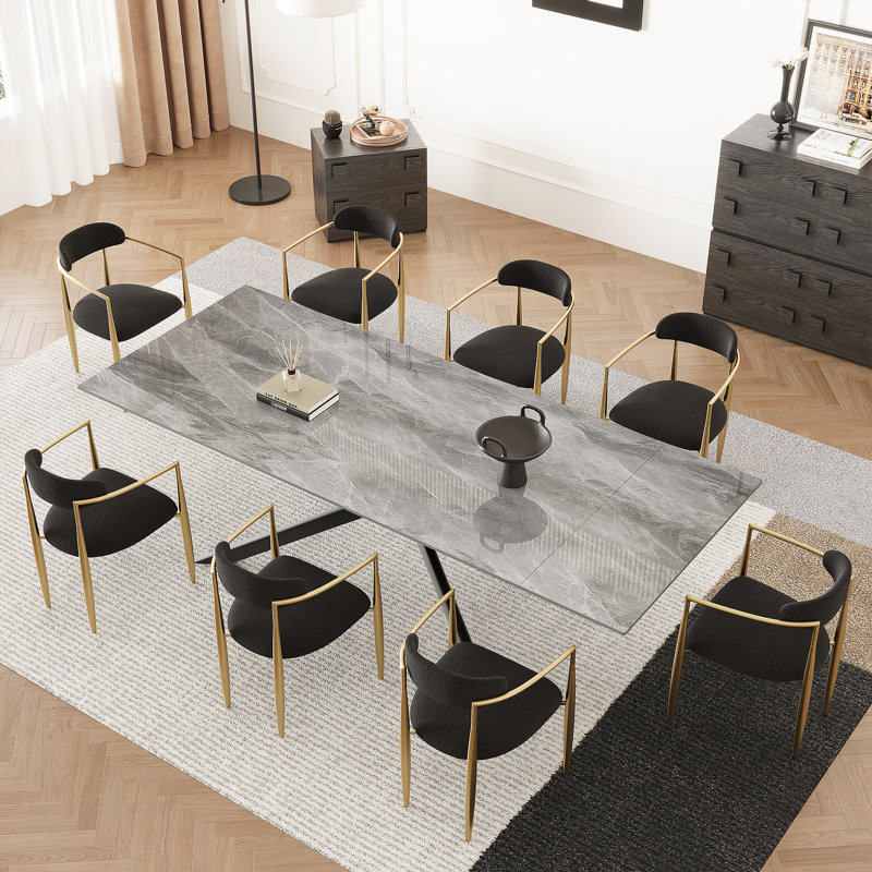 Louida 9 - Piece 110.24" Extendable Sintered Stone Dining Table with 8 Fabric Chairs Dining Set, Gray, Black/Gold