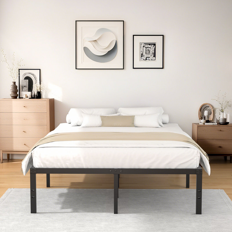  Turberville 16'' Black Metal Platform Bed Frame With 11-leg-support, No Box Spring Needed, Queen Size, Queen, 16"