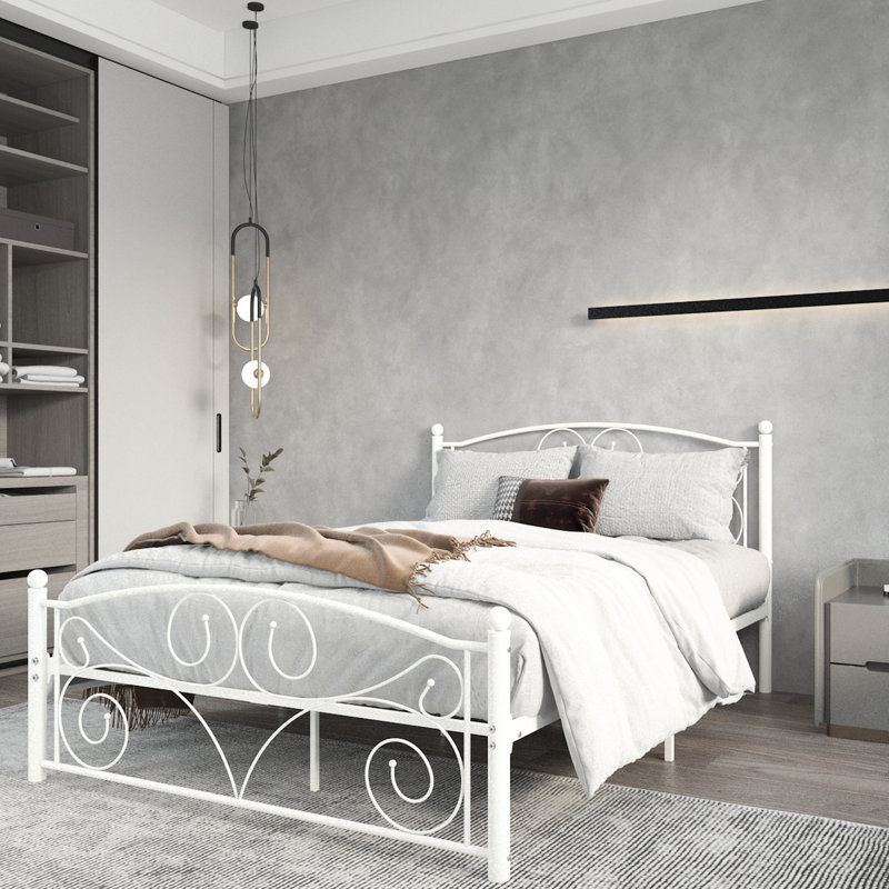 White Full Size Metal Bed Frame With Unique Flower System, Headboard And , Fits 8 - Inch Mattress, Easy Assembly Of Size, Quiet Large Bearing Capacity