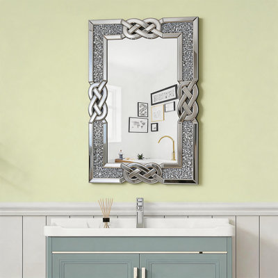 Miroir mural à miroir en diamant écrasé, miroir de meuble-lavabo décoratif rectangulaire avec cadre à nœuds entrelacés, miroir à fixation murale en cristal incrusté de cristal scintillant pour salle de bain