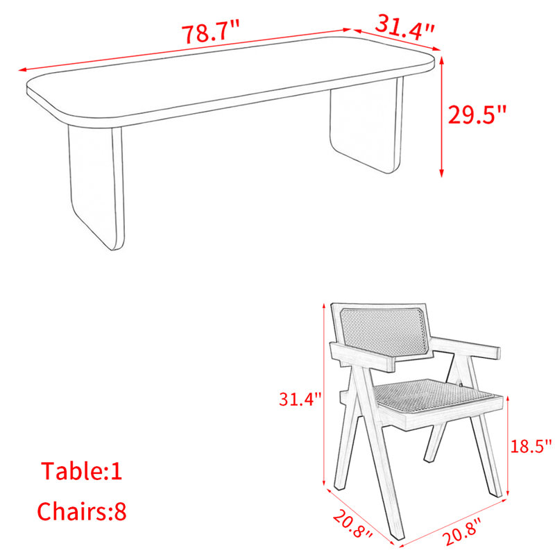 Ensemble de table à manger moderne et simple en bois massif., H 29,50 po x L 78,70 po x l 31,40 po, 9