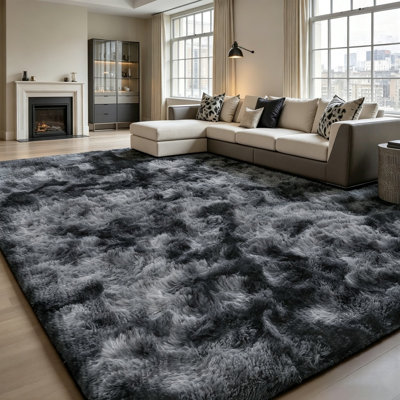 Aalieyah Deep Pile Fluffy Shaggy Area Rug for Indoor Use black grey