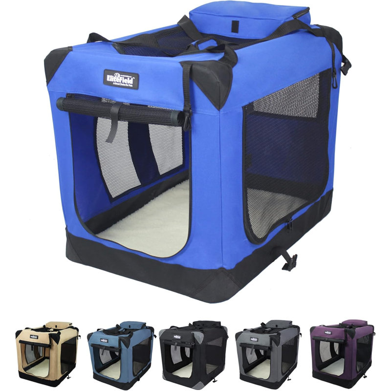 Cage pour chien pliante à 3 portes avec sac de transport et lit molletonné, H 14 po x l 14 po x P 20 po, Bleu