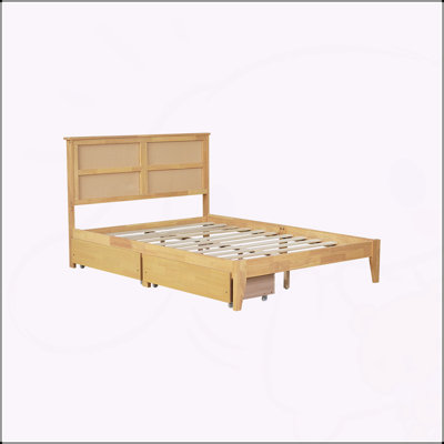 Luxurious Bed with Rattan Headboard and Dual Storage Drawers for Enhanced Comfort and Space Utilization