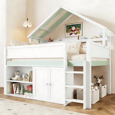Full Size Wooden House Shaped Loft Bed With Built In Cabinet ,Canopy And Open Storage Shelves
