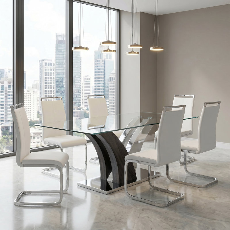 Dimetra 7-Piece Modern Rectangular Tempered Glass Dining Table Set with V-Shaped Pedestal and Cantilever Handle Chairs, White