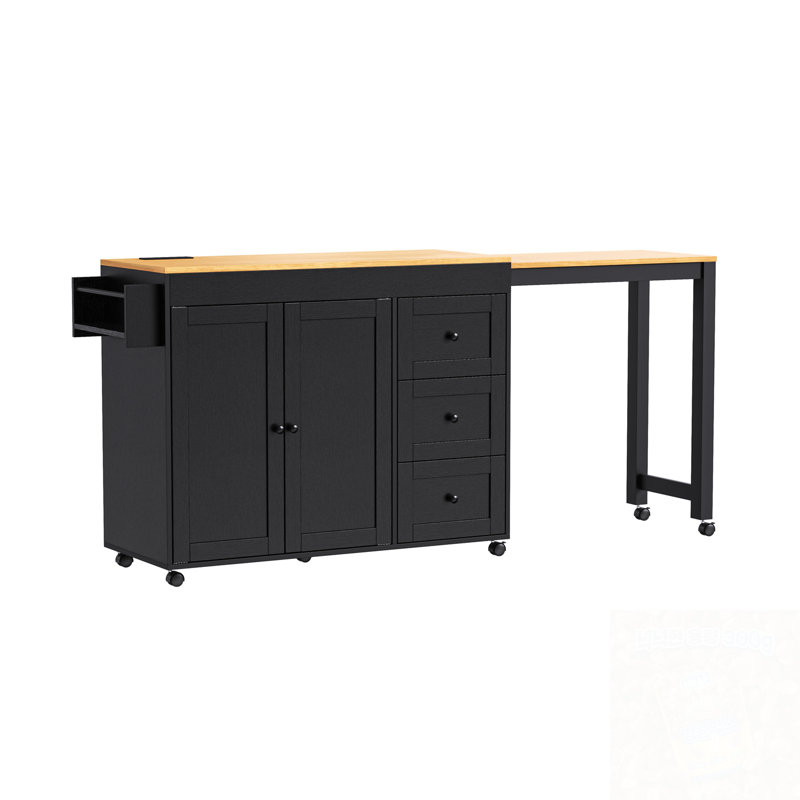Îlot de cuisine avec table de salle à manger extensible, 3 tiroirs et prise de courant, Noir