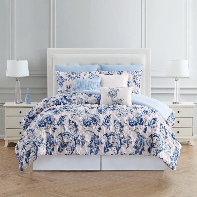  Ensemble d'édredon en microfibre bleu / blanc 8 pièces, Édredon pour grand lit + 2 taies décoratives + 5