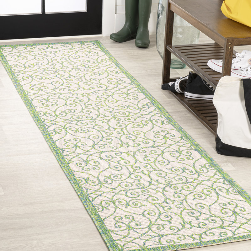 Deronte Vintage Filigree Textured Weave Cream/Green Indoor/Outdoor Rug, Runner 2'2" x 10'