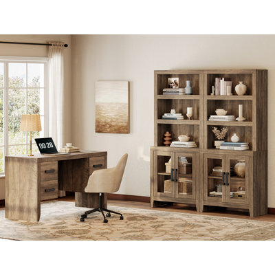 Ensemble de bureau de ferme 2 pièces avec bureau de direction de 54 po et bibliothèques à portes en verre, ensemble de mobilier de bureau personnel avec prise de courant et tablettes réglables pour salle d'étude
