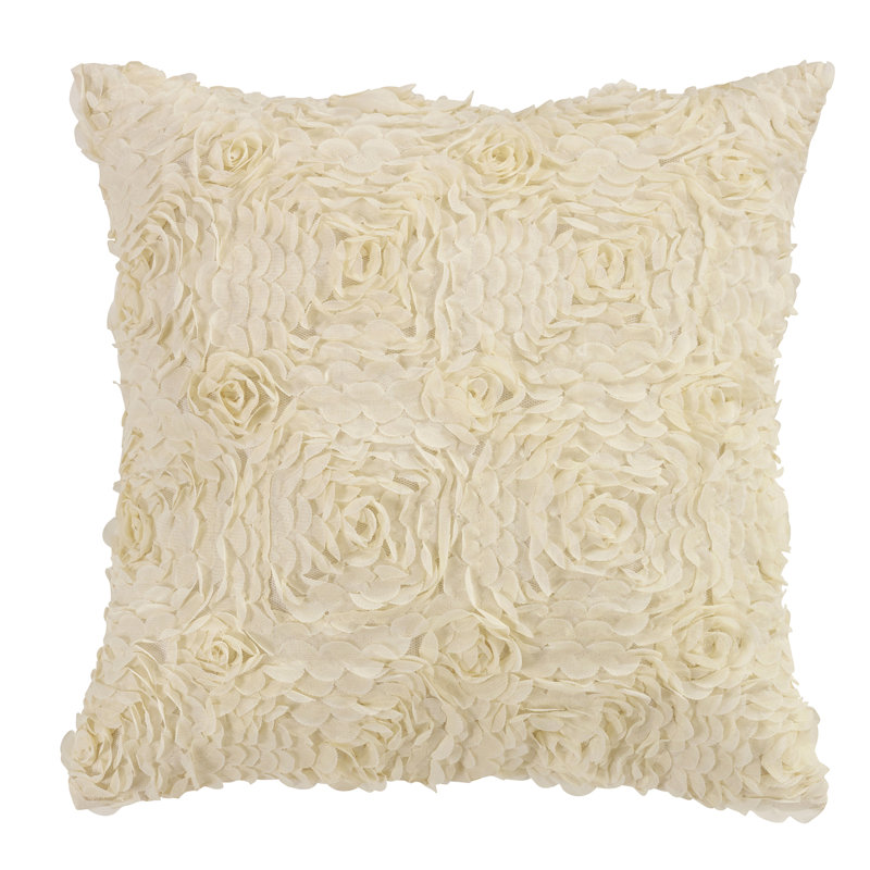 Cream Ruffled Polyester Square Throw Pillow