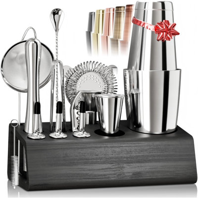 Mixology Bartender Kit Bar Set | 14-Piece Cocktail Shaker Set | Martini Barware Mixing Tools For Home Bartending | Incl. 35 Recipe Cards | Gift Set (28Oz Boston Shaker, Silver/Black)