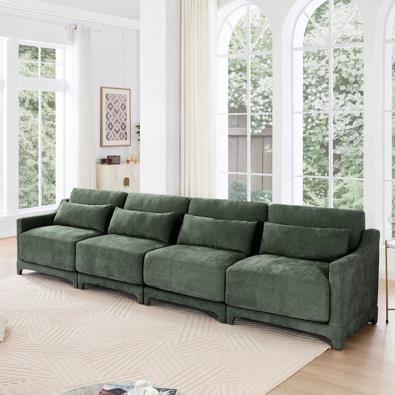 Élégant canapé rembourré en chenille avec capitonnage sur mesure et conception ergonomique, H 32,6 po x l 141,7 po x P 33 po