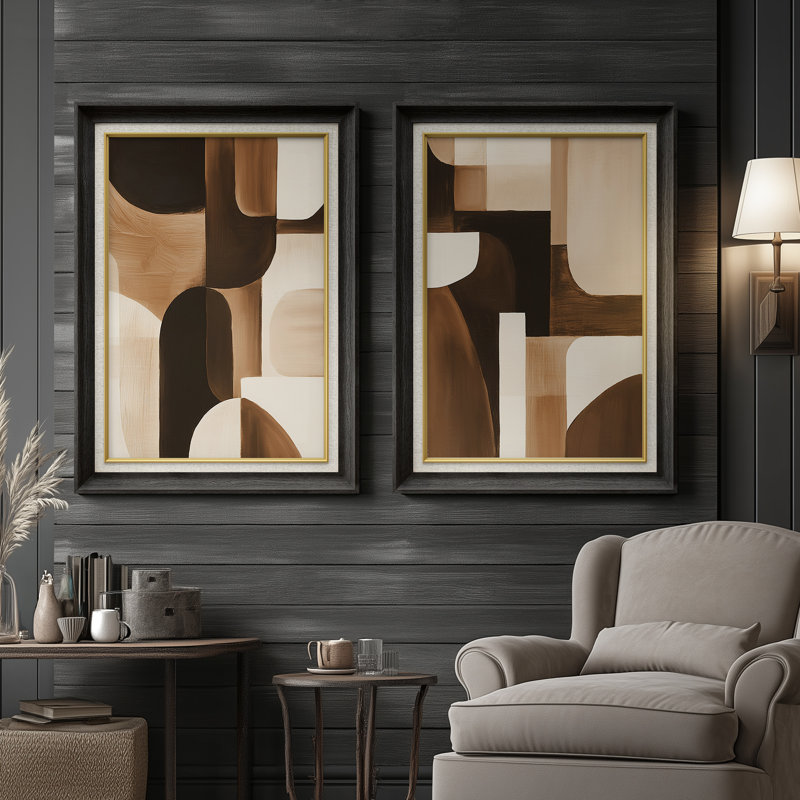 «Modern Modern Brown and Beige Geometric Abstract Artwork», ensemble de 2 reproductions d'art encadrées de qualité supérieure sur papier 26 po x 36 po