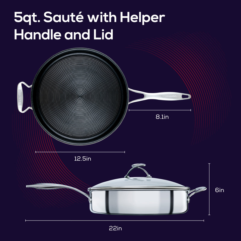 Circulon Clad Stainless Steel Sauté Pan with Lid and Hybrid SteelShield and Nonstick Technology, 5 Quart