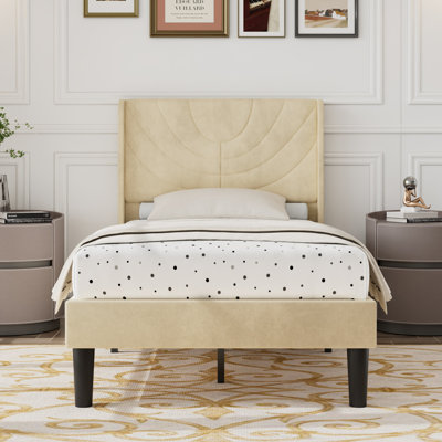Twin Size Velvet Bed Frame with Wingback Headboard, Upholstered Platform Bed with Wing Side Channel Tufted Headboard, Solid Wooden Slats Support, No Box Spring Needed, Noise Free, Beige