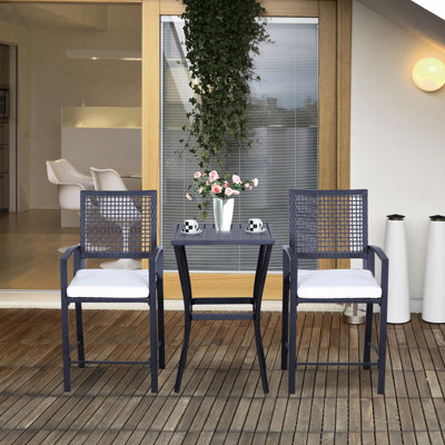 3pcs Patio Bar With Comfy And Soothing Cushion, Outdoor Furniture. Suited For Backyards, Lawn, Deck, Poolside. Tall Chairs Footrest, All Weather, Black Steel Furniture , Cushions. For Backyard,