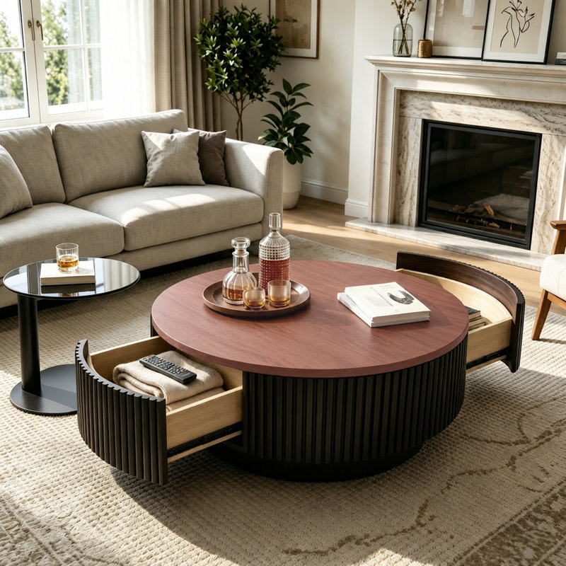 Easy Installation 35.43" Modern Round Fluted Coffee Table Set with 2 Hidden Storage Drawers, Walnut Finish Top & Tempered Glass Side Table for Living Room