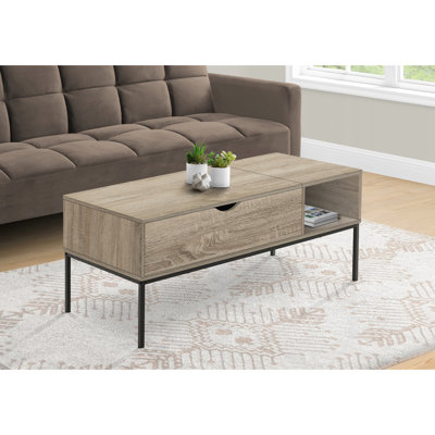 Table basse taupe foncé, L 42 po, plateau relevable, base en métal pour une finition contemporaine de L 42 po, pieds noirs, espace de rangement caché