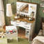 Bureau de coiffeuse de maquillage de ferme avec miroir, lumières, tabouret et tablettes réglables pour un décor de chambre à coucher rustique