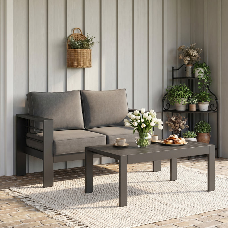 2-Person All Aluminum Outdoor Conversation Set With Cushions, Gray, 2 Pcs: Coffee Table, Loveseat, Gray