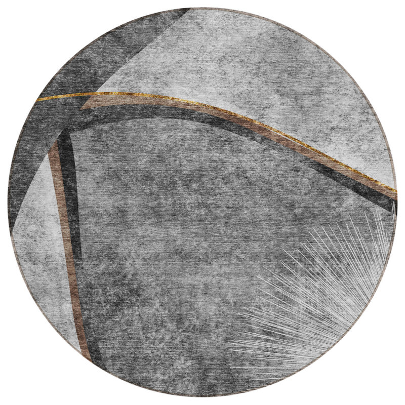 Tapis extérieur rond lavable abstrait 8 pi gris et chocolat