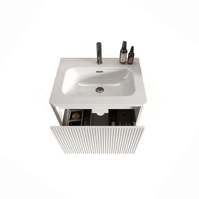 Meuble-lavabo rayé blanc doux 24 po avec lavabo en céramique, meuble-lavabo mural flottant pour salle de bain moderne, lavabo une pièce sans drain, pré-assemblé