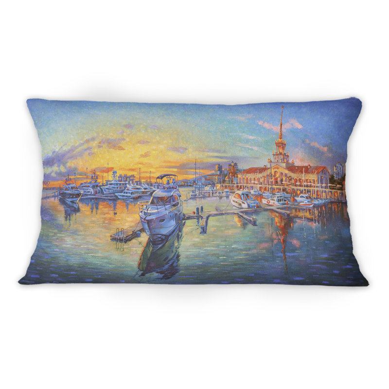 Coussin décoratif à imprimé nautique et côtier Sunset At The Seaport