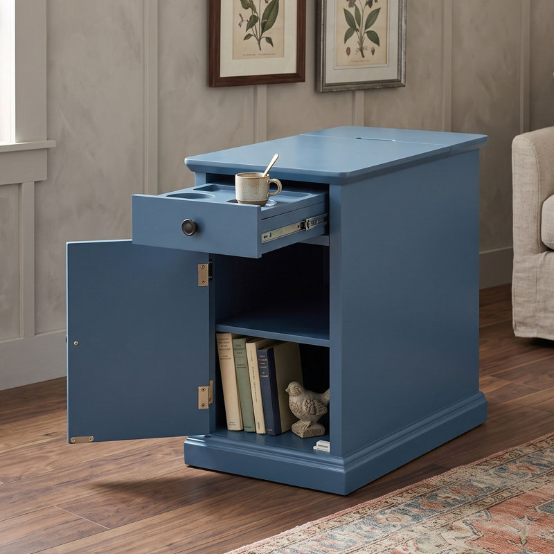 Table de bout en bois avec ports USB, tiroir et armoire, Bleu marine antique