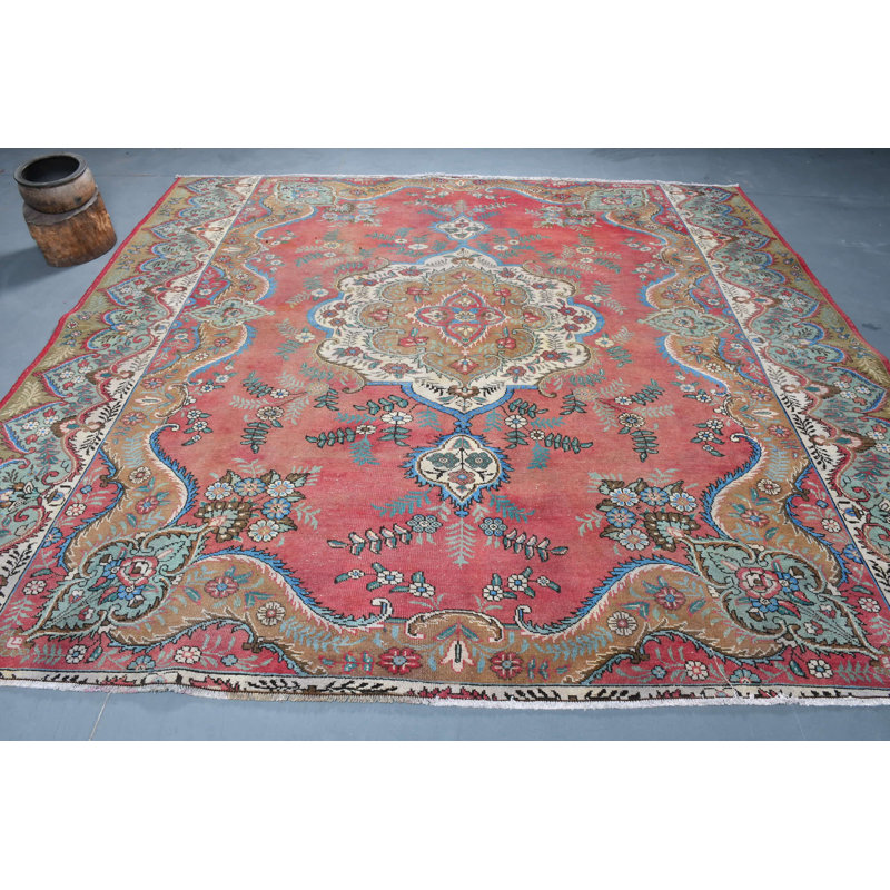 Tapis turc rétro tissé à la main à motif floral rouge pour décoration d'intérieur rouge / vert