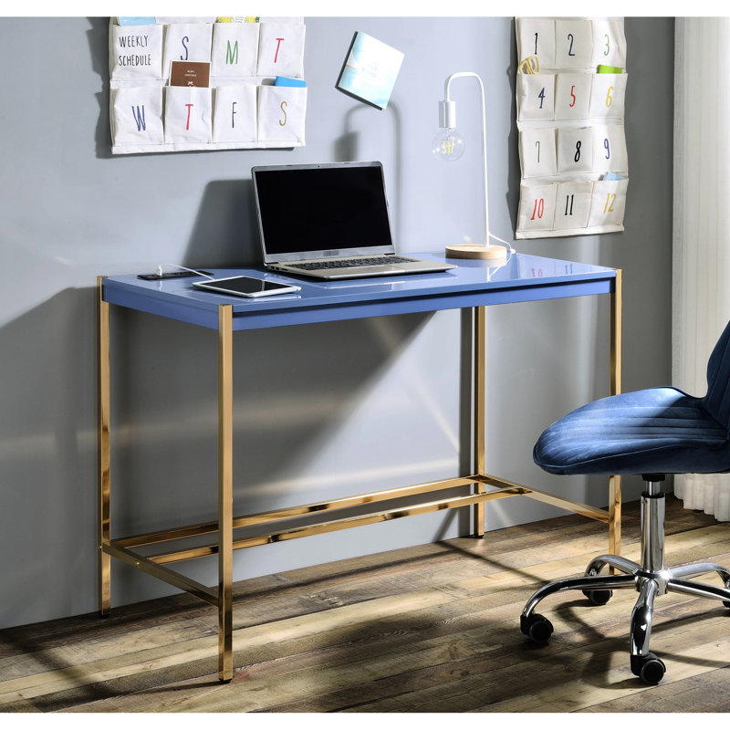 Navy Blue And Gold Office Desk With Ports Electrical Outlet Capabilities For Work Efficiency Enhancement Stylish Rectangular In Port Function