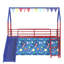 Lit mezzanine double Zeso pour enfants, motif maison, bleu marine et rouge, avec glissade et rideau