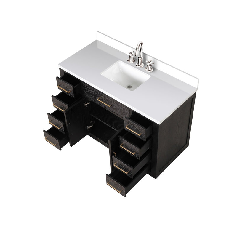 Ensemble de meuble-lavabo simple en chêne noir l 48 po x P 22 po, comptoir en quartz blanc et robinet