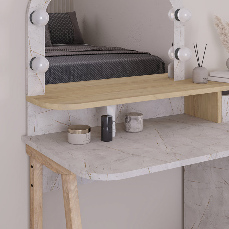 Camryne Dressing Table with Mirror, Gold Marble/Sapphire Oak