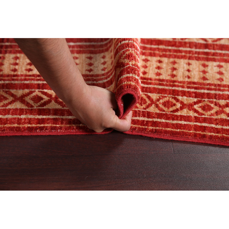 Tapis rouge / beige en laine noué à la main de conception unique 5 pi 7 po x 7 pi 8 po New Age