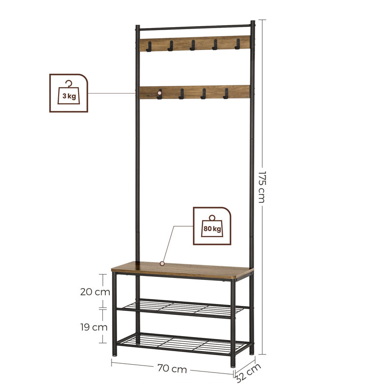 Aaditiya Hall Tree 70cm Wide with Bench and Shoe Storage, Rustic Walnut/Black