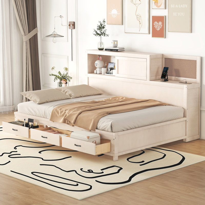  Wooden Daybed With 3 Storage Drawers, Upper Soft Board, Shelf, And A Set Of Sockets And USB Ports, White, Twin, White