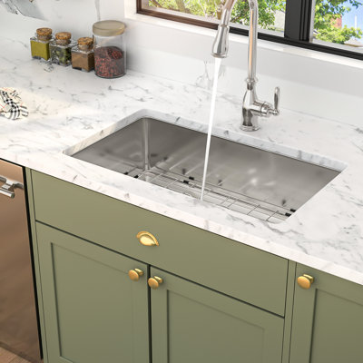 32"X19" Undermount Kitchen Sink, 16 Gauge Stainless Steel, Single Bowl, 10 Inch Depth, Rear - Drain, Brushed Nickel, With Bottom Rinse Grid And Basket Strainer 32 Bowl Steel Gauge, T304, Installation