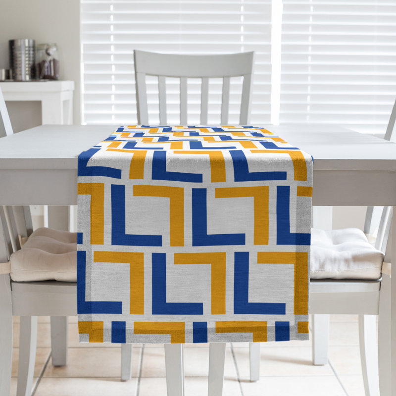 Chemin de table géométrique, 90 po x 16 po, Blanc / bleu / or, polyester