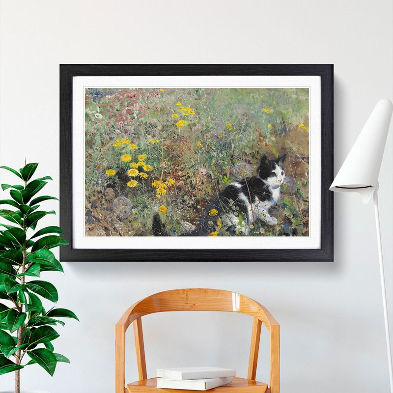 Cat on a Flowerbed by Bruno Liljefors - Picture Frame Painting, 48cm H x 65cm W x 2cm D, Black Framed