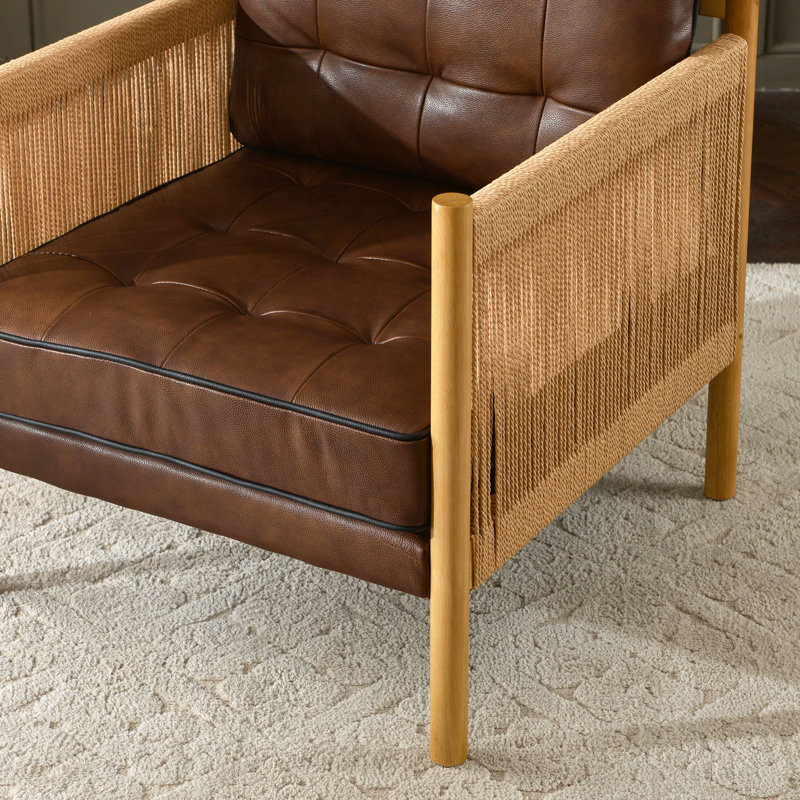 28.7'' W Top-grain Genuine Leather Accent Chair With Jute Rope Wrapped Arms, Brown, Jute Rope