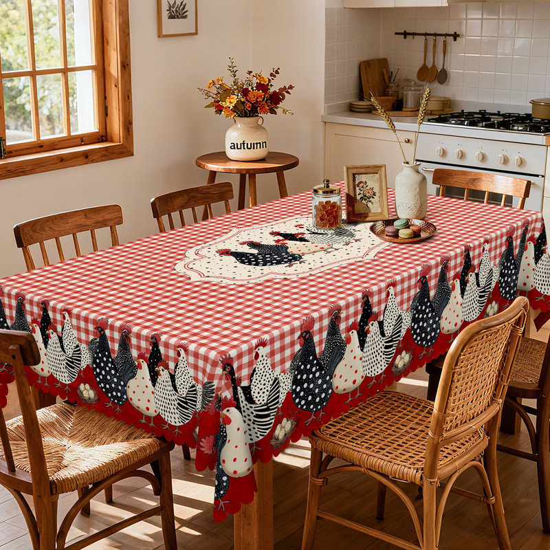 checkered polyester tablecloth with rooster design, machine washable, 70.8" L x 55.12" W