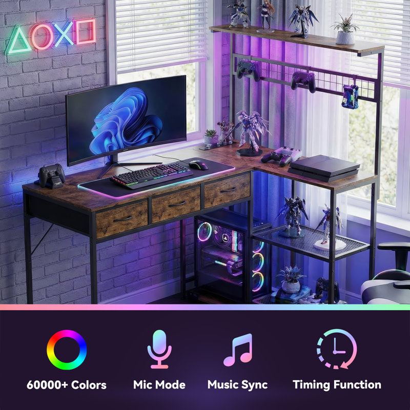 50.4" L Shaped Computer Desk with Power Outlets and Hutch LED Lights Gaming Desk, Brown