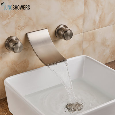 Modern Brushed Brass Wall-Mount Waterfall Faucet with Dual Handles for Bathroom Sink & Bathtub – Hot & Cold Mixer Tap