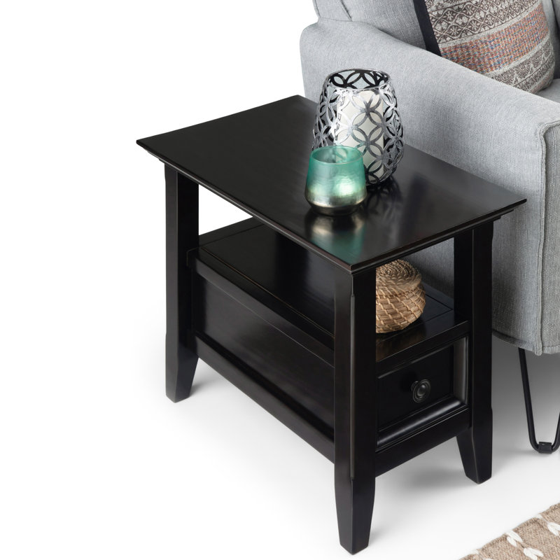 Amherst 14"W Solid Wood Transitional Narrow Rectangular End Table with Drawer and Open Shelf, 20" H  x 14" W, Hickory Brown