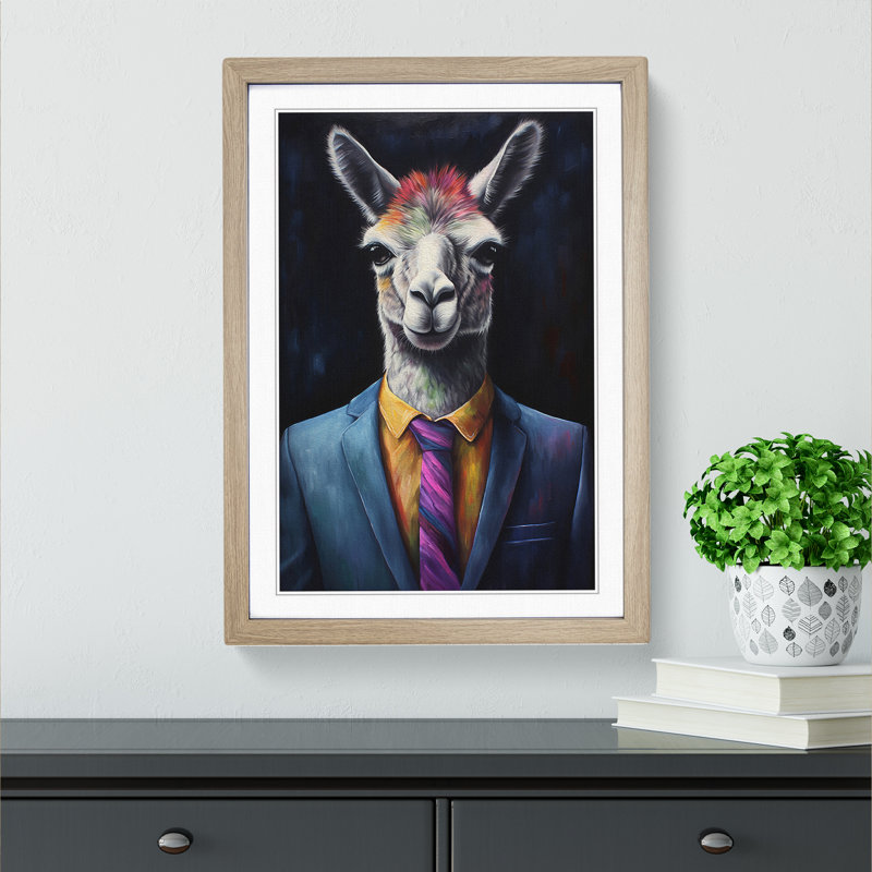 Llama In A Suit Painting No.2 - Single Picture Frame Print on Wood, Oak Framed, 46cm H x 34cm W x 2cm D