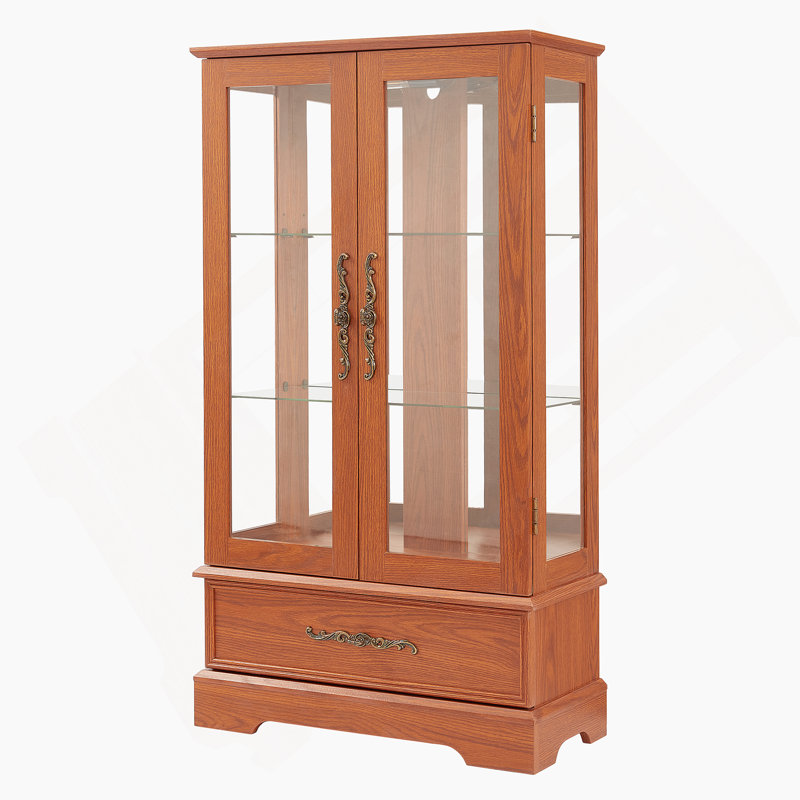 Vitrine lumineuse en verre avec tablettes réglables, poignées rétro, dispositif anti-basculement, tiroir et dossier en miroir pour exposer des objets précieux