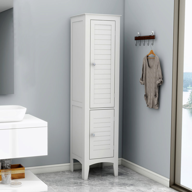 Renaye Tall Narrow Tower Freestanding Cabinet with 2 Shutter Doors 5 Tier Shelves for Bathroom