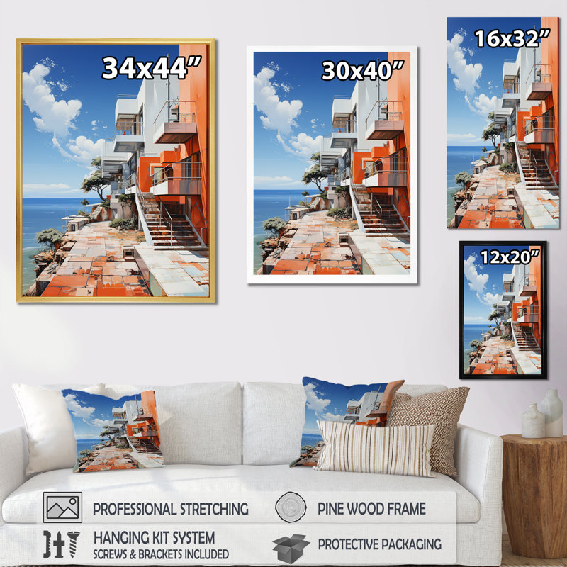Phare de Stijl Lansdcape sur toile, Cadre flottant blanc, H 32 po x l 24 po