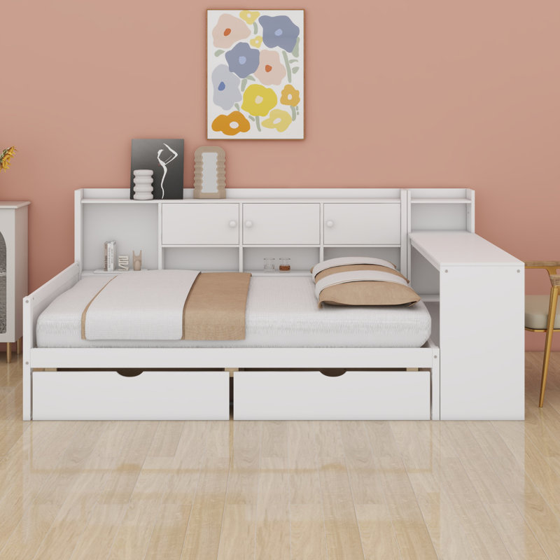 Lit de jour en L en bois avec armoires de rangement et tiroirs de rangement, lit multifonctionnel avec bureau d'étude, Blanc